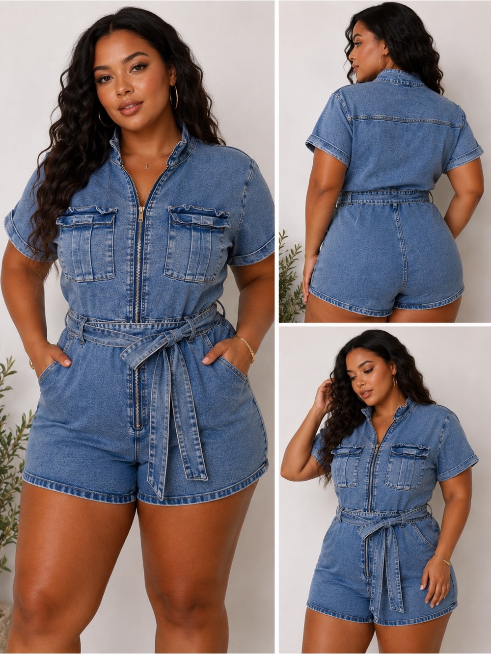 Justify Blue Denim Short Sleeve Utility Romper with Tie Belt